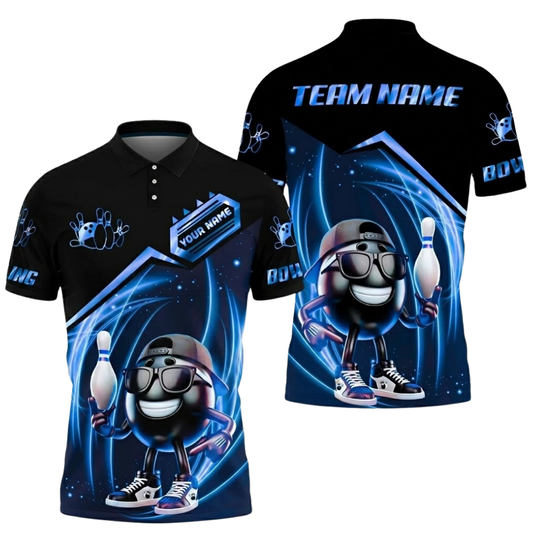Funny Ball Custom Mens Black Blue Bowling Polo Shirt, Custom Bowling Team Shirts BZ0522