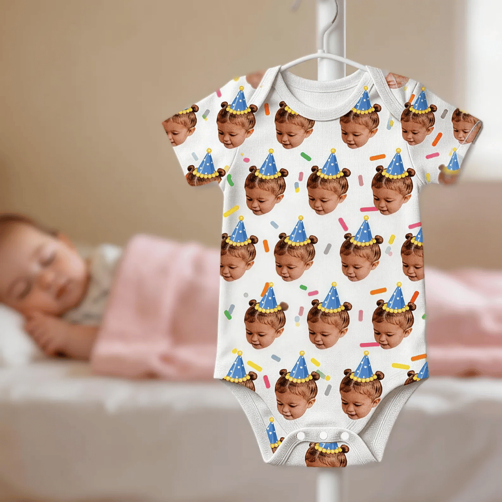 Custom Face Birthday 3D Baby Bodysuit Yellow, Custom Photo Baby Bodysuit For Birthday BB0959