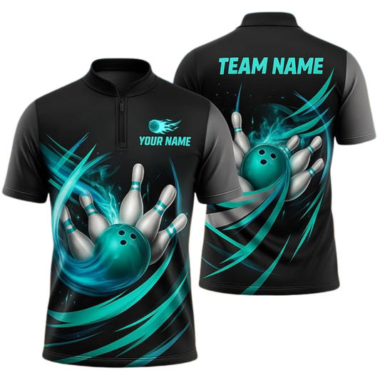 Custom Team Black Cyan Bowling Jersey For Men, Custom Bowling Shirt BZ0764