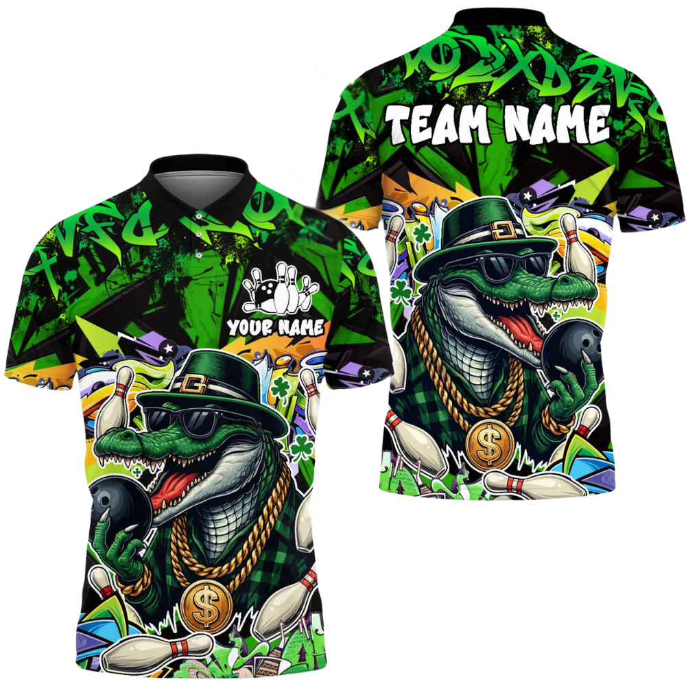 Custom Funny Crocodile Bowling Mens Polo Shirt Green, Custom Crocodile Bowling Team Shirts BE0207