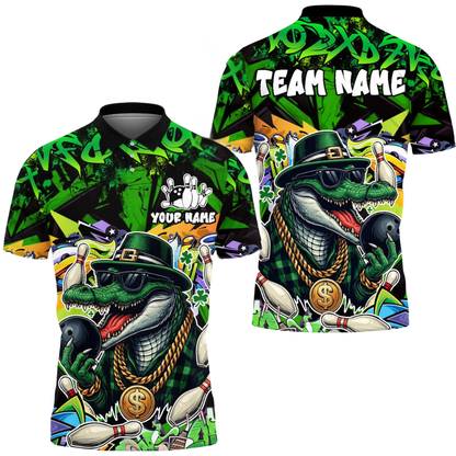 Custom Funny Crocodile Bowling Mens Polo Shirt Green, Custom Crocodile Bowling Team Shirts BE0207