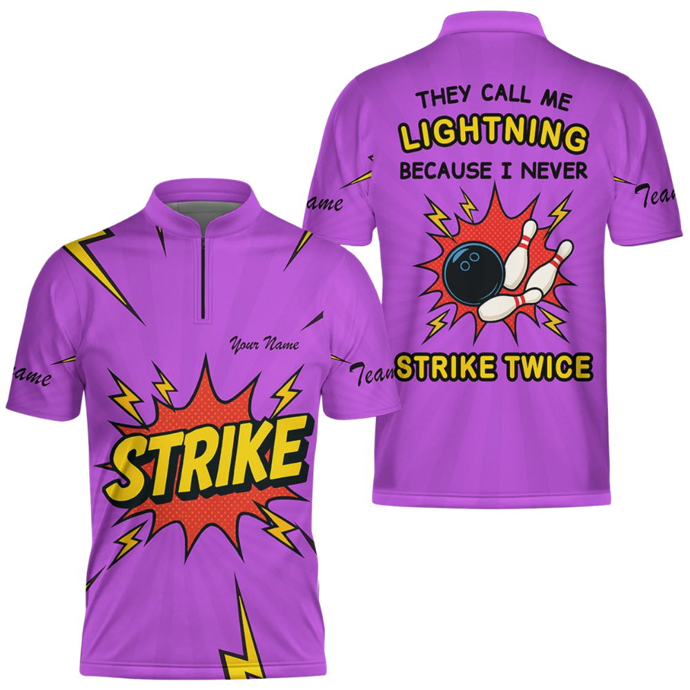 Thet Call Me Ligtning Because I Never Strike Twice Custom Mens Blue Bowling Jerrsey, Custom Funny Bowling Team Shirts BZ0605