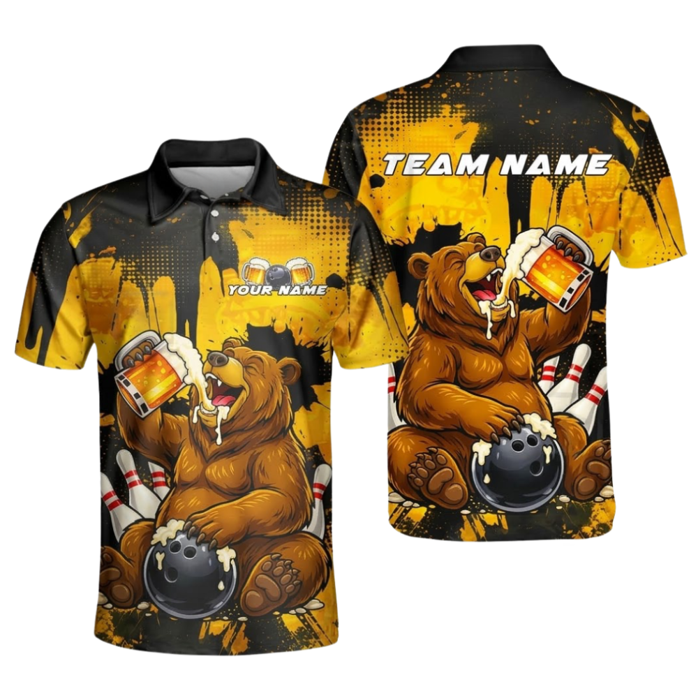 Custom Bear And Beer Bowling Polo Shirt For Men, Custom Bear Bowling Team Shirt BZ0926