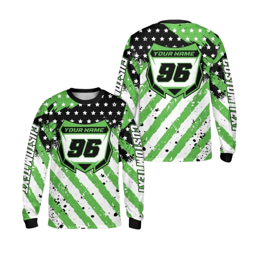 Custom Red White And Blue USA Flag Dirt Bike Long Sleeve Shirt For Men, Custom Patriotic Dirt Bike Jerseys Shirt ME0026
