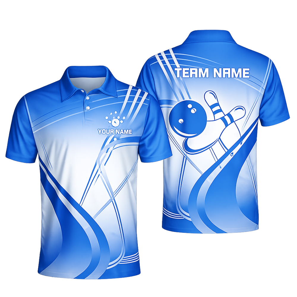 Custom Team Cyan And White Bowling Polo Shirt For Men, Custom Bowling Shirts BZ0450