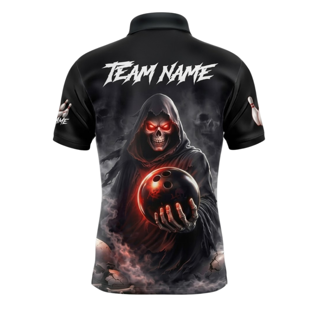 Custom Grim Reaper Bowling Polo Shirts Mens Black, Custom Skull Bowling Team Shirts BZ1097