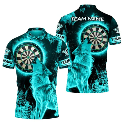 Custom Blue Flame Wolf Darts Polo Shirt Men, Custom Wolf Darts Team Shirts DE0013