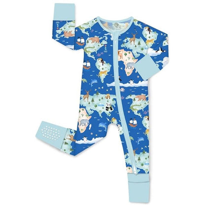 Animal Map Blue Baby Convertible Zippy Romper, Animal Lover Baby Romper Convertible BB0366
