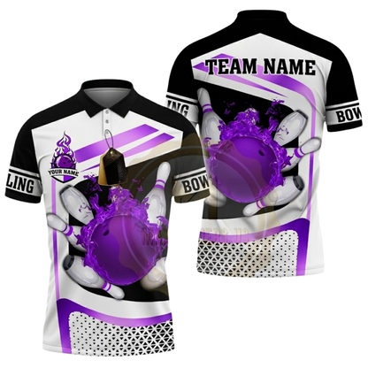 Flame Ball Custom Mens Bowling Polo Shirt, Custom Flame Bowling Team Shirts BZ0793