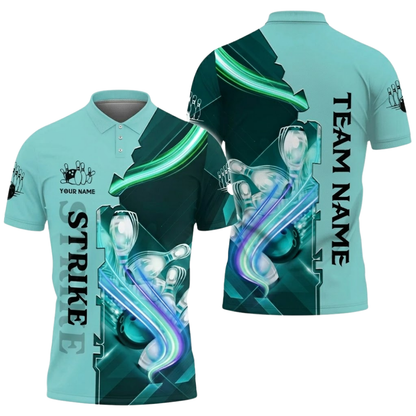 Custom Team Strike Blue Bowling Polo Shirt For Men, Custom Bowling Team Shirts BZ0506