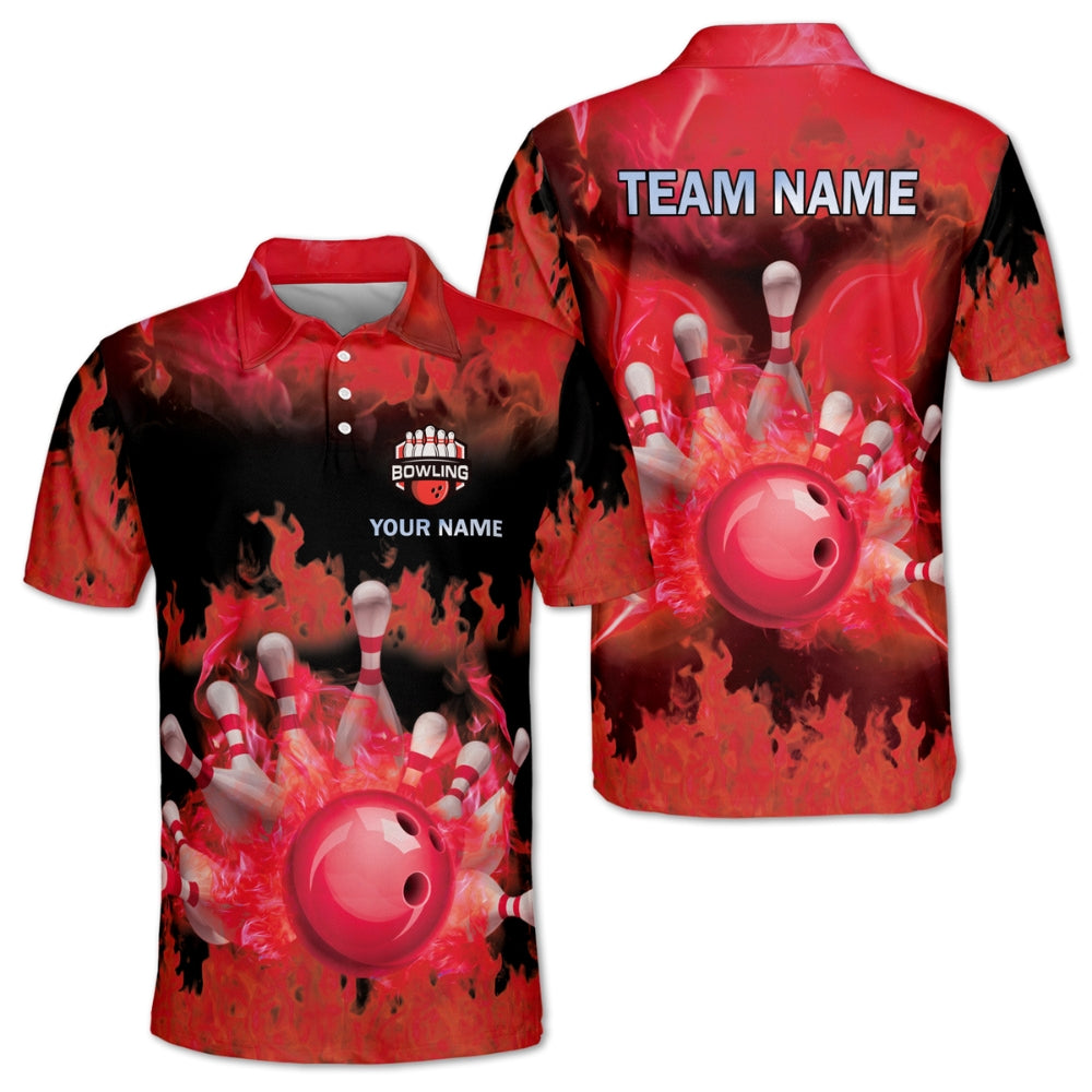 Custom Blue Flame Bowling Polo Shirts For Men, Custom Flame Bowling Team Shirts BM0346