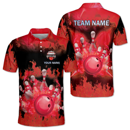 Custom Blue Flame Bowling Polo Shirts For Men, Custom Flame Bowling Team Shirts BM0346