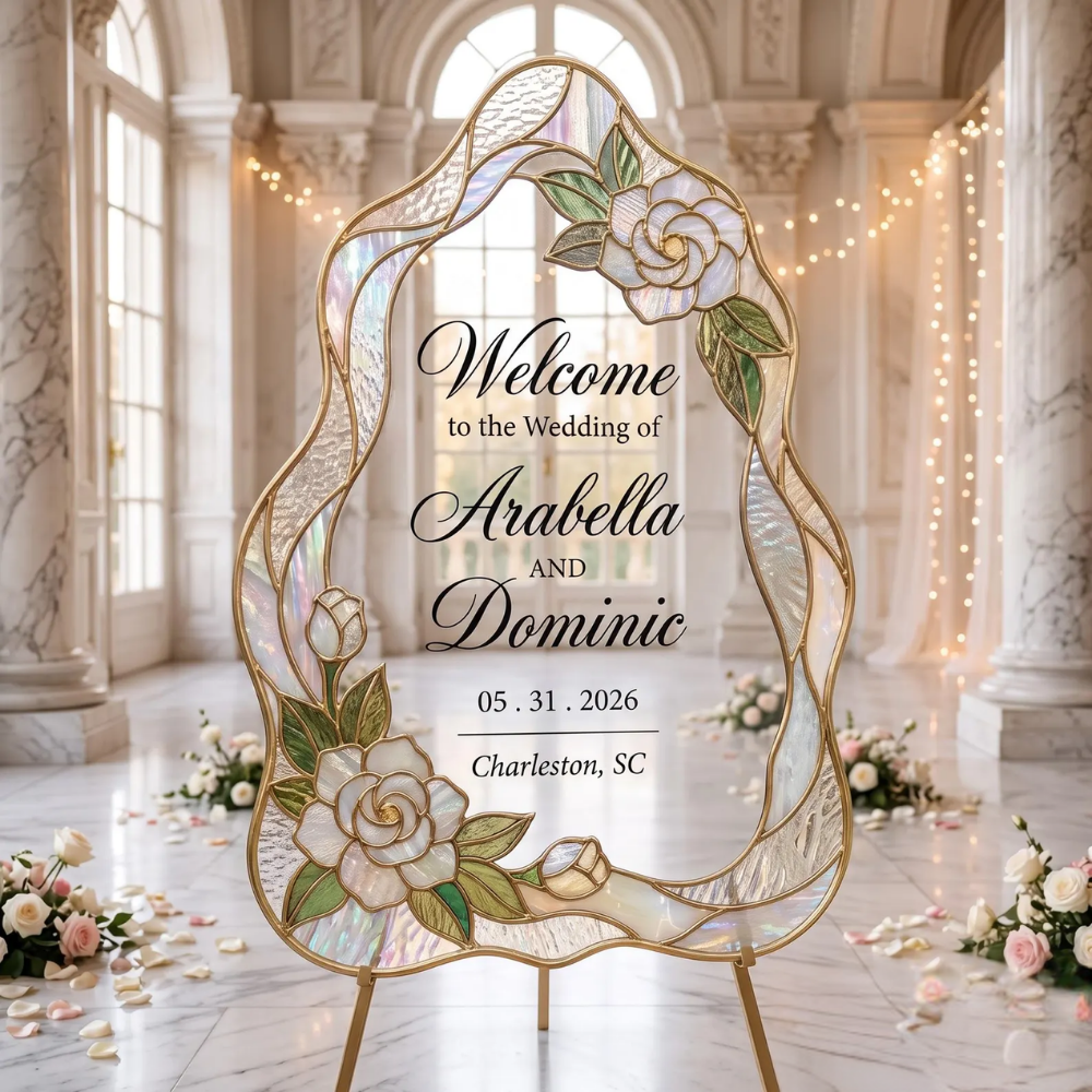 Personalized Camellia Stained Glass Wedding Welcome Acrylic Mirror Sign, Custom Floral Wedding Stained Glass Sign WD0732