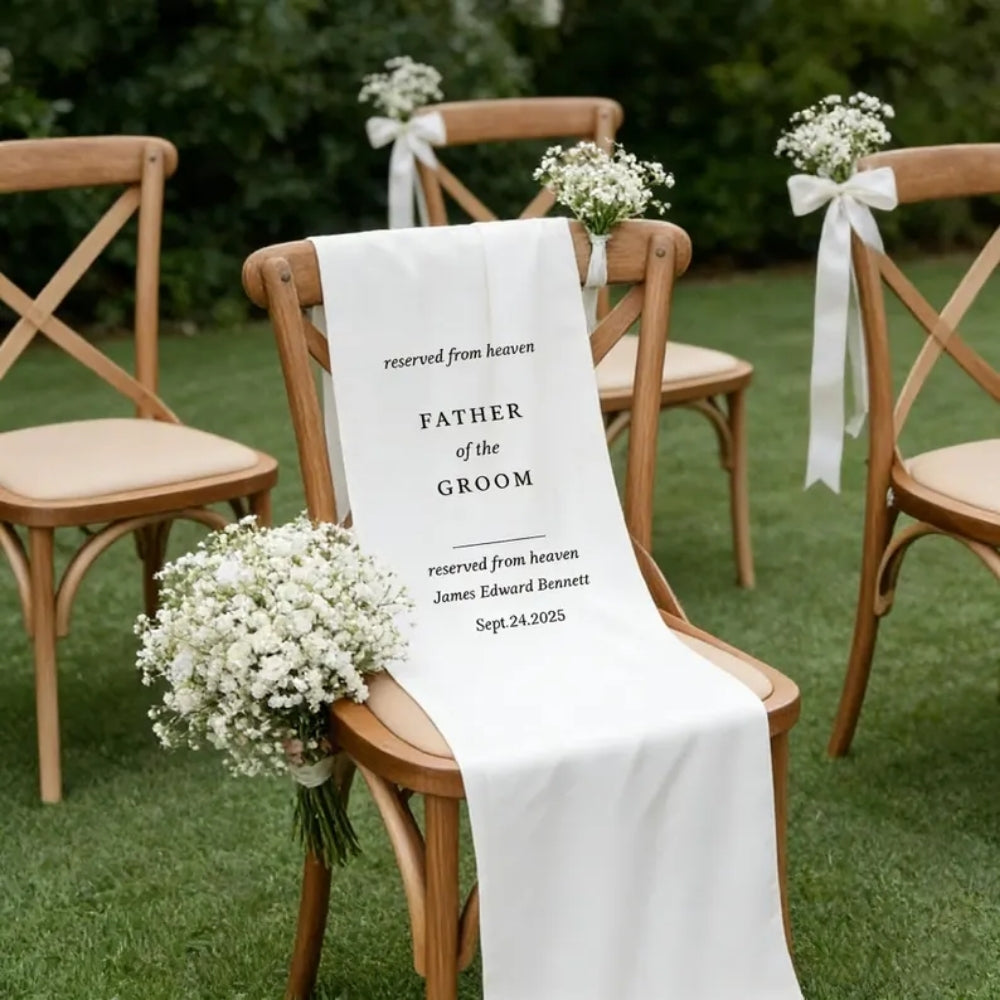 Personalized Reserved From Heaven Father Of The Groom Wedding Chair Sign, Custom Memorial Wedding Chair Banner WD0332