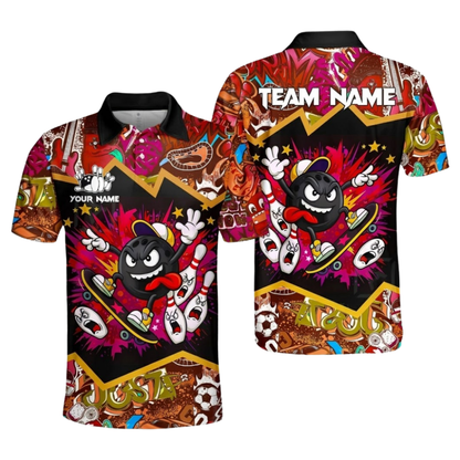 Custom Funny Ball Pin Bowling Mens Polo Shirts Black And Blue, Custom Funny Bowling Team Shirts BZ1107