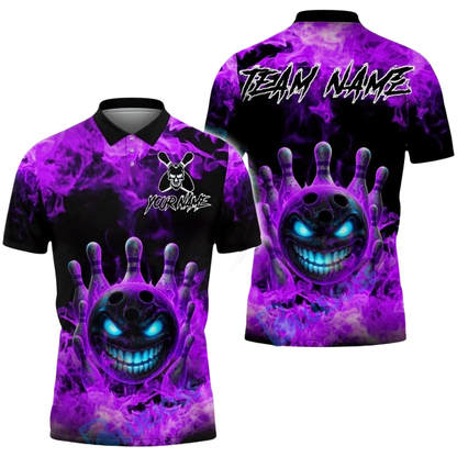 Custom Flame Angry Ball Bowling Polo Shirt For Men, Custom Flame Bowling Team Shirts BZ0551