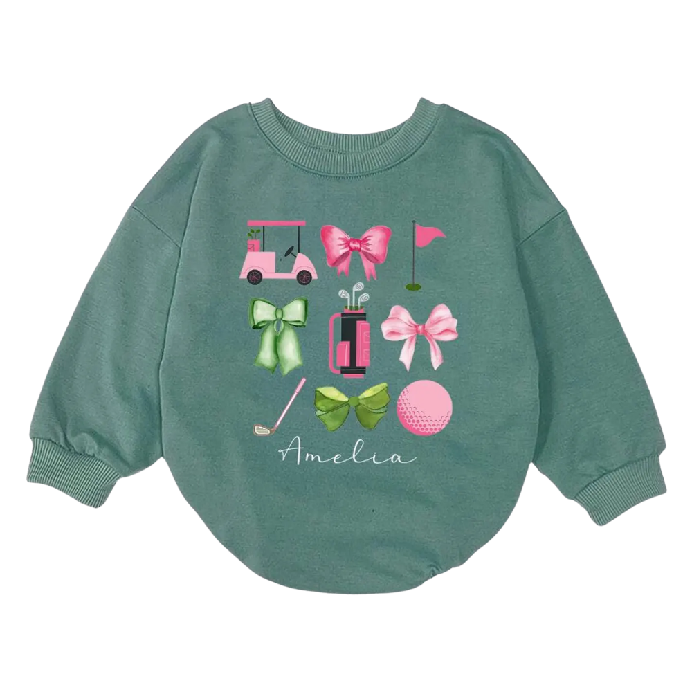 Custom Name Cute Golf Bow Baby Girl Romper Sweatshirt, Custom Golf Baby Romper Sweatshirt BB0113