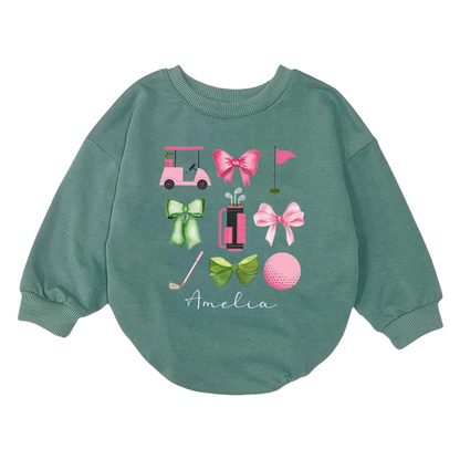 Custom Name Cute Golf Bow Baby Girl Romper Sweatshirt, Custom Golf Baby Romper Sweatshirt BB0113