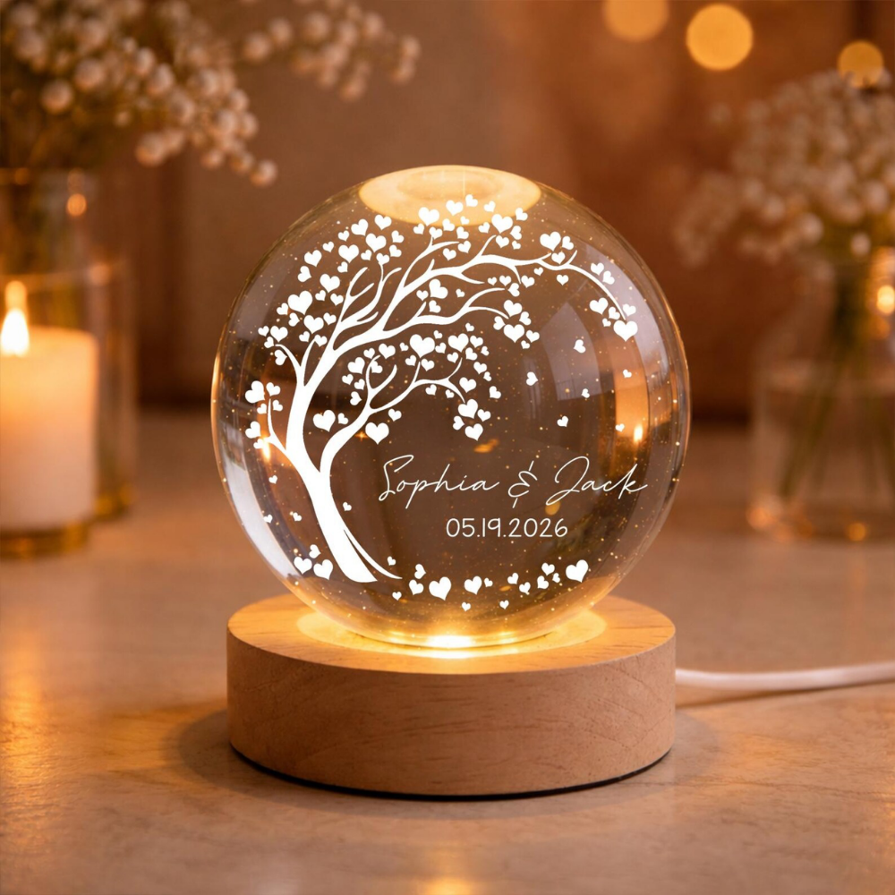 Custom Couple Name And Date Tree Crystal Ball Led Night Light, Custom Wedding Anniversary Night Light WD0855