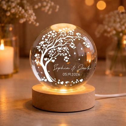 Custom Couple Name And Date Tree Crystal Ball Led Night Light, Custom Wedding Anniversary Night Light WD0855