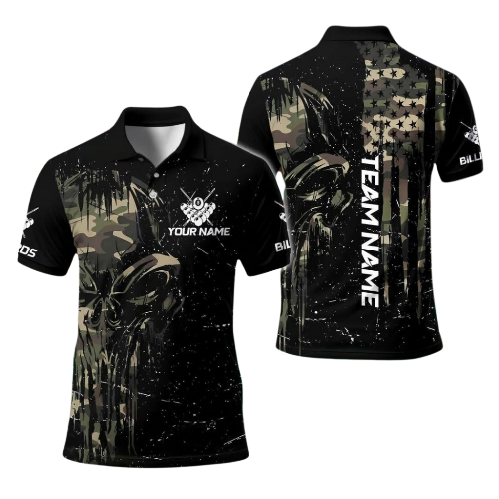 Custom Skull Camo Men's Black Polo 8 Ball Shirts, Custom Skull Billiard Pool Team Shirts BIE0066