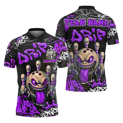 Custom Graffiti Angry Mad Bowl Men's Black Cyan Bowling Polo Shirts, Custom Graffiti Team Bowling Shirts BZ1055