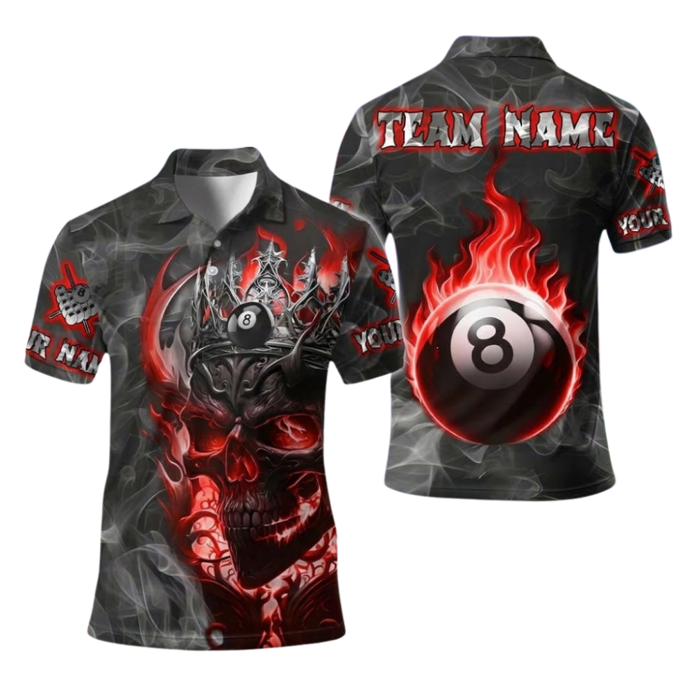 Custom Skull Blue Fire 8 Ball Polo Billiard Shirts For Men, Custom Skull Billiard Shirt For Team BIE0071