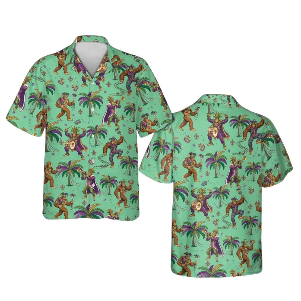 Funny Bigfoot Mardi Gras Hawaiian Shirt Men Women, Sasquatch Mardi Gras Hawaiian Shirts HE0002