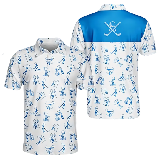 Stickfigures Blue And White Mens Golf Polo Shirt, Funny Golf Shirt For Mens GE0556