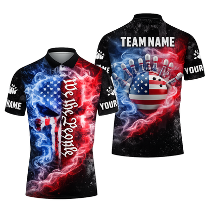 Custom American Flag Smoke Skull Bowling Polo Shirt Men, Custom Patriotic Skull Bowling Team Shirts BZ0441
