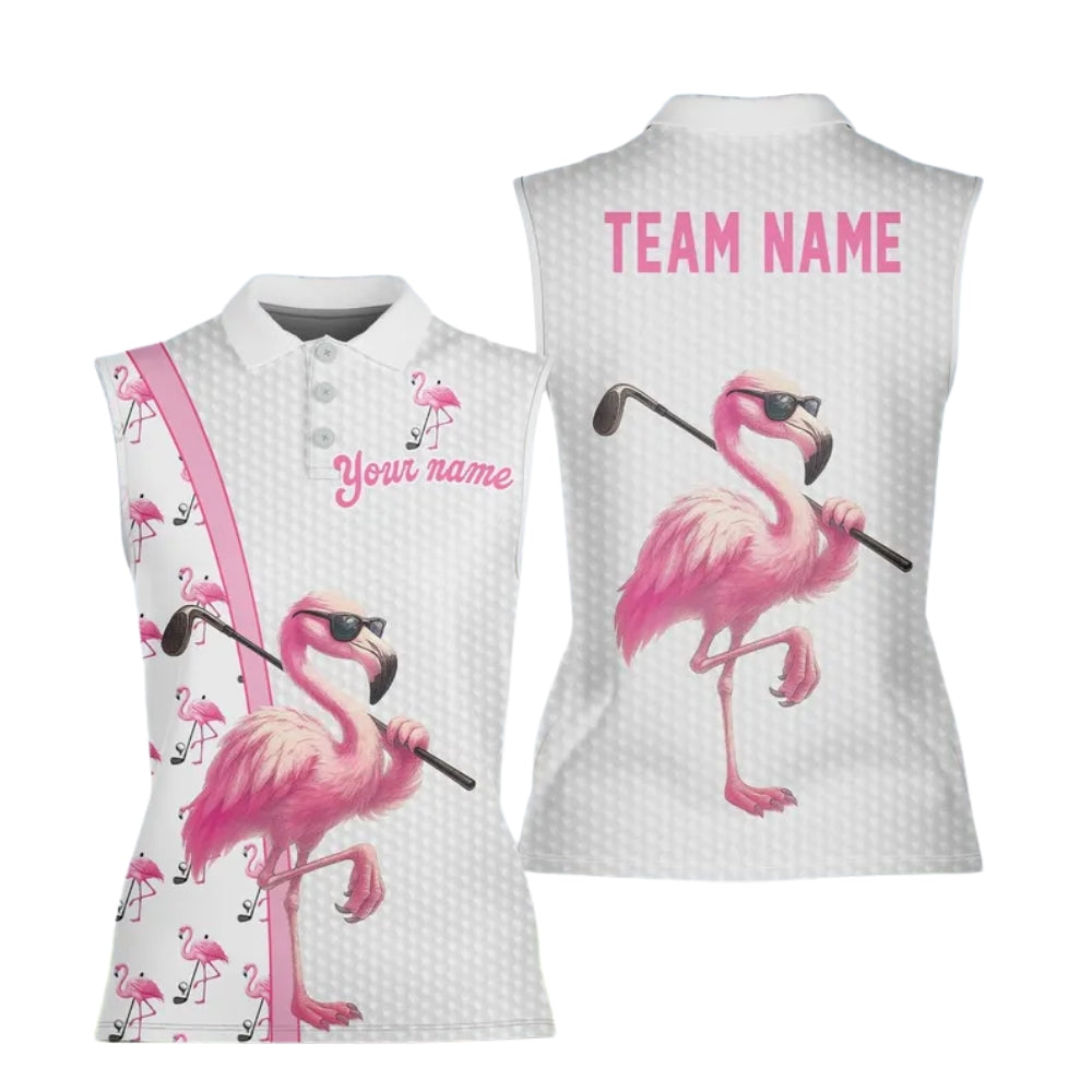 Custom Women's Flamingo Pink Sleeveless Golf Shirt, Custom Flamingo Golf Shirts For Ladies GE0361