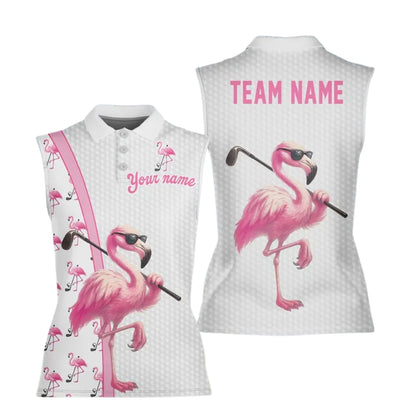 Custom Women's Flamingo Pink Sleeveless Golf Shirt, Custom Flamingo Golf Shirts For Ladies GE0361