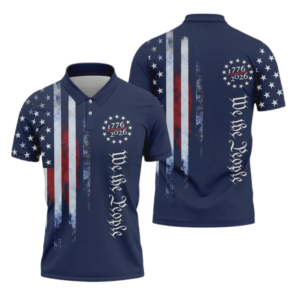 We The People 1776–2026 USA Flag Men's Blue Golf Polo Shirt, 4th Of July Golf Shirts GE0401