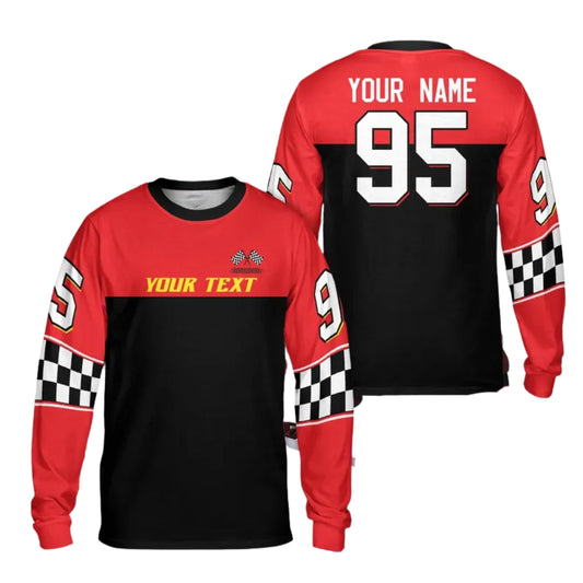Custom Checkered Black Red Racing Motocross Long Sleeve Jersey Mens, Custom Checker Dirt Bike Shirts ME0031