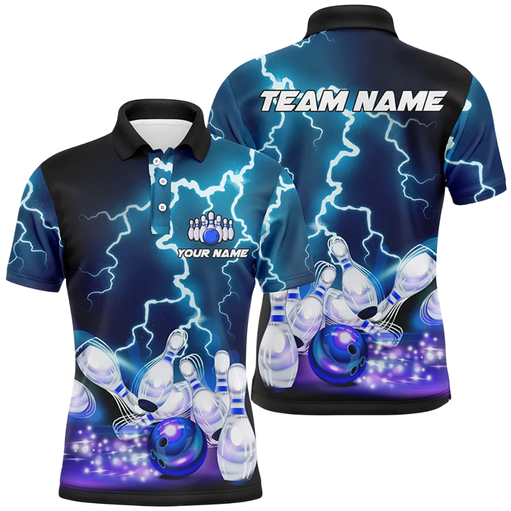 Custom Thunder Blue Purple Bowling Polo Shirt Men, Custom Team Thunder Bowling Shirt BZ0830