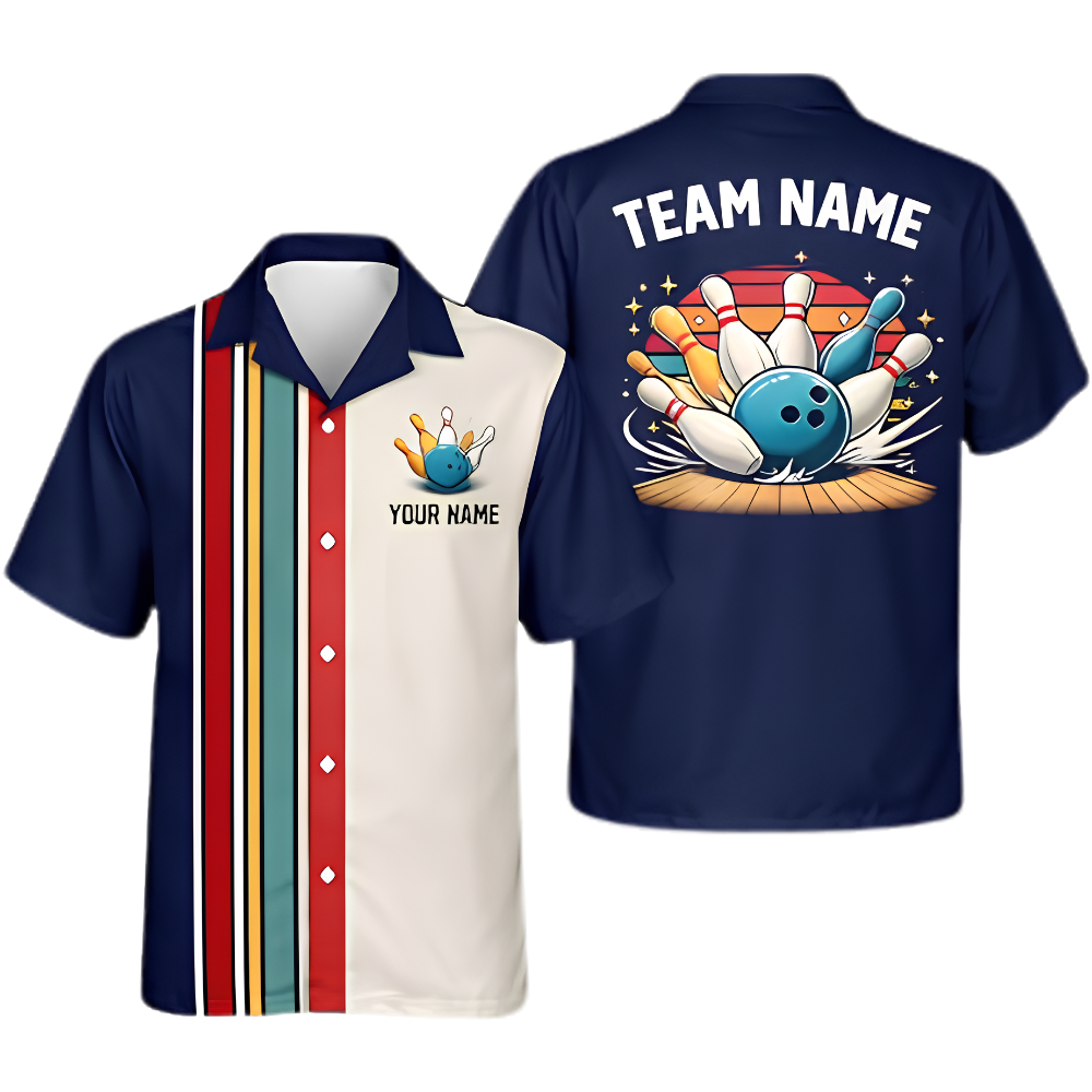 Custom Retro Black Bowling Hawaiian Shirt For Men, Custom Retro Bowling Shirt Team BZ0999
