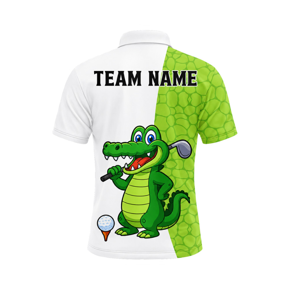 Custom Funny Crocodile Men's Green And White Golf Polo Shirts, Crocodile Golf Team Shirts GZ0471