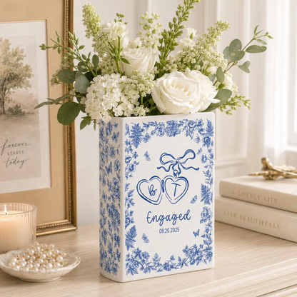 Custom Engaged Green Toile De Jouy Ceramic Book Vase, Custom Engagement Book Vase WD0615