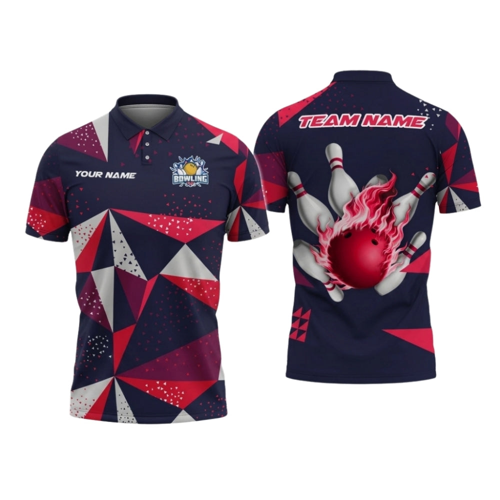 Custom Team White Red Geometric Bowling Polo Shirt Men, Custom Bowling Team Shirts BZ0732