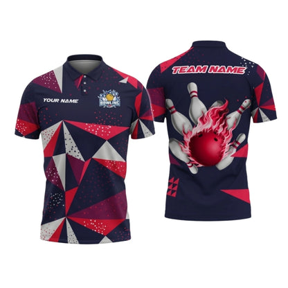 Custom Team White Red Geometric Bowling Polo Shirt Men, Custom Bowling Team Shirts BZ0732