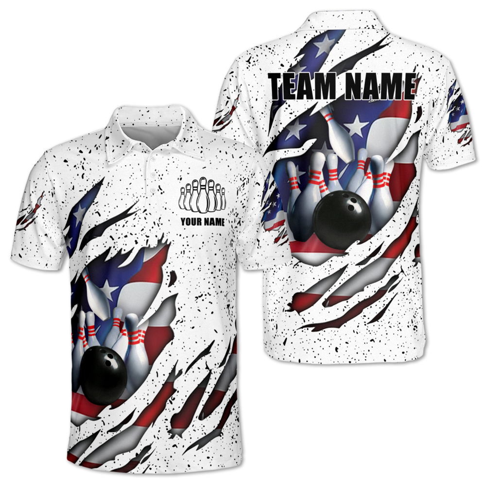 Custom Grunge White American Flag Bowling Polo Shirt For Mens, Custom Patriotic Bowling Team Shirts BM0339