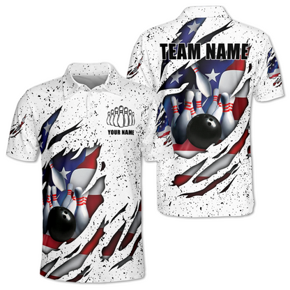 Custom Grunge White American Flag Bowling Polo Shirt For Mens, Custom Patriotic Bowling Team Shirts BM0339