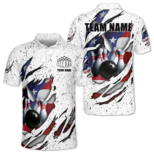Custom Grunge White American Flag Bowling Polo Shirt For Mens, Custom Patriotic Bowling Team Shirts BM0339