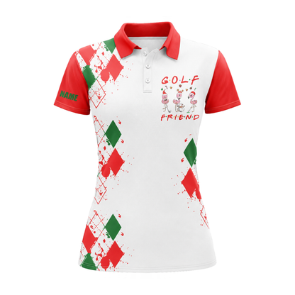 Golf Friends Personalized  Christmas Flamingo Argyle Golf Polo Shirts For Women, Custom Flamingo Ladies Golf Shirts GZ0419