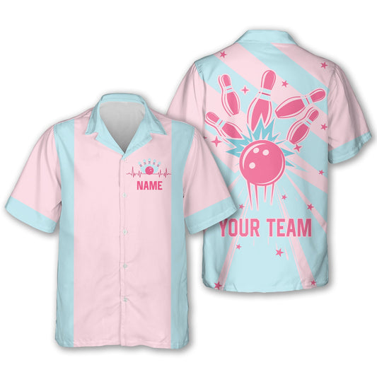 Custom Pink and Blue Retro Bowling Hawaiian Shirts For Men And Women, Custom Retro Bowling Team Shirts BE0053