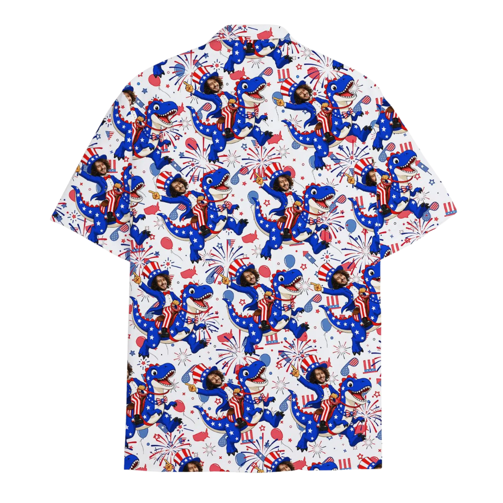 Custom Face Dinosaur American Flag Hawaiian Shirt Men, Custom Photo 4th Of July Hawaiian Shirts HE0280