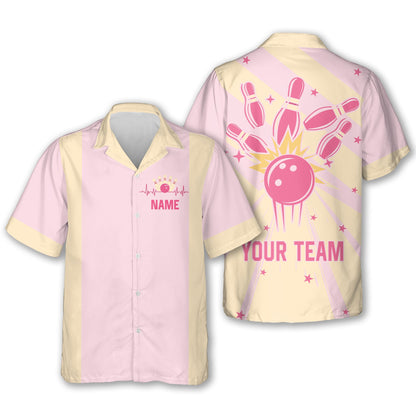 Custom Pink and Blue Retro Bowling Hawaiian Shirts For Men And Women, Custom Retro Bowling Team Shirts BE0053