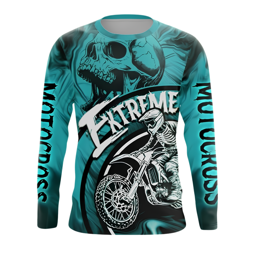 Custom Skull Cyan Motocross Long Sleeve Racing Jersey For Men, Custom Skull Dirt Bike Shirts MZ0141