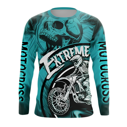 Custom Skull Cyan Motocross Long Sleeve Racing Jersey For Men, Custom Skull Dirt Bike Shirts MZ0141
