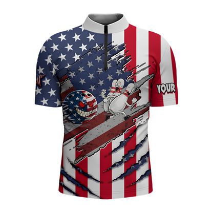 Funny Pins And Ball Custom American Flag Bowling Jersey For Men, Custom Patriotic Bowling Team Shirt BZ0900